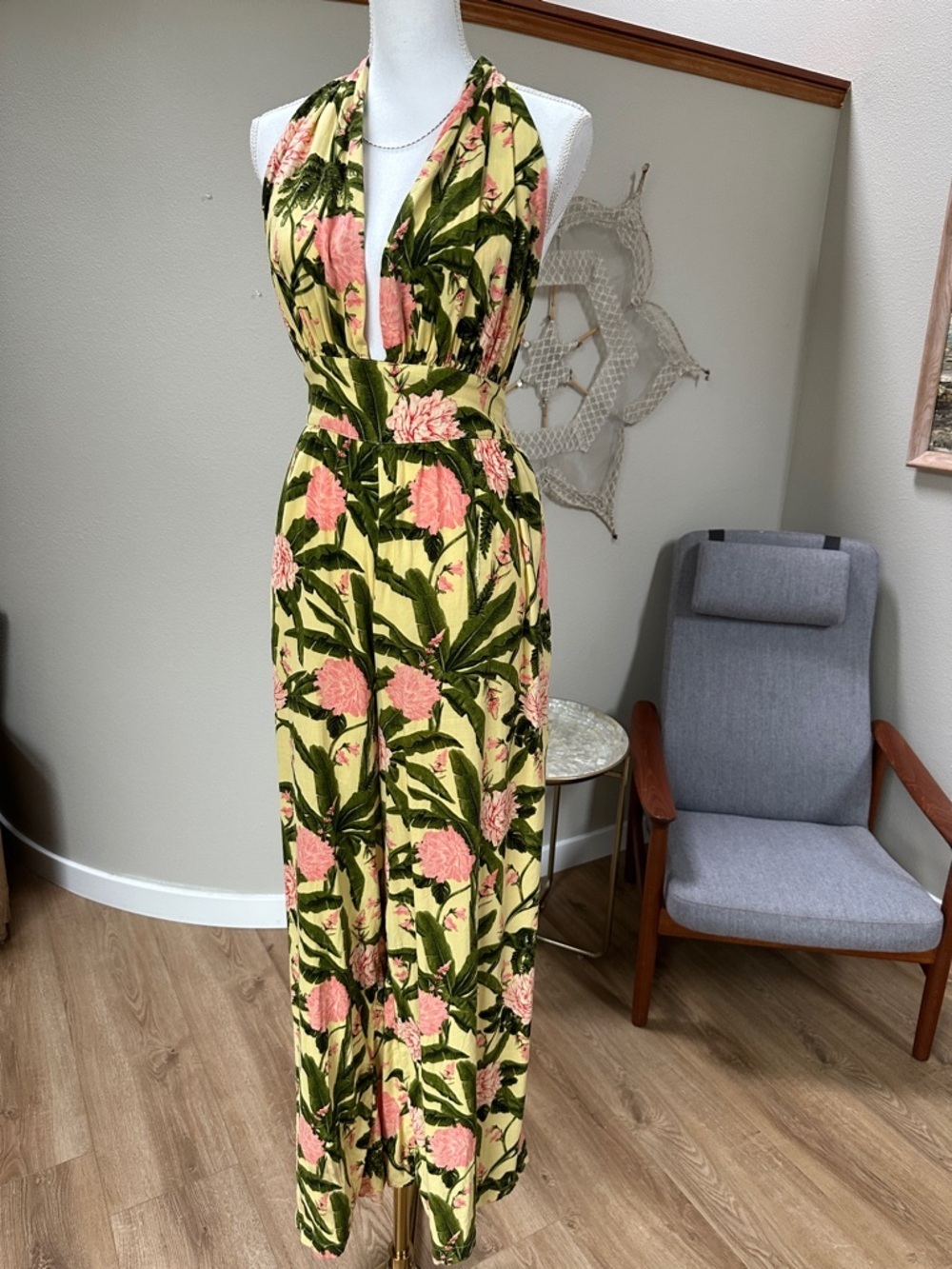 Agua Bendita Floral Halter wide leg jumpsuit in Yellow, Pink & Green - Picture 4 of 12